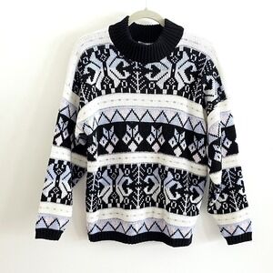 Vintage Croquet Club Womens sz S Sweater Black White Nordic Mock Neck Grannycore